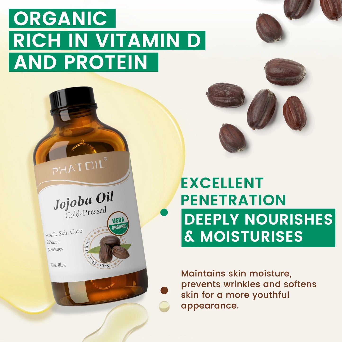 PHATOIL 118ml Organic Jojoba Oil Cold for Face, Hair, Skin & Nails
